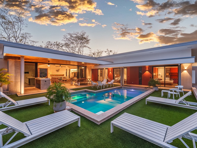 Private pool and lush gardens at Rancho Coco near Playa Negra